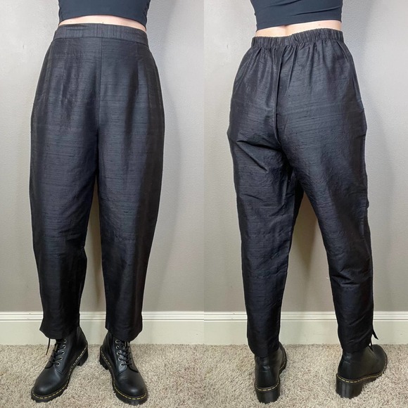 Vintage 100% raw silk pull-on easy pants balloon leg tapered trousers black M - Picture 11 of 17